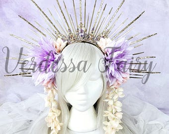 Gold goddess headdress with peach and purple flowers. Spiked Spring Goddess headpiece.