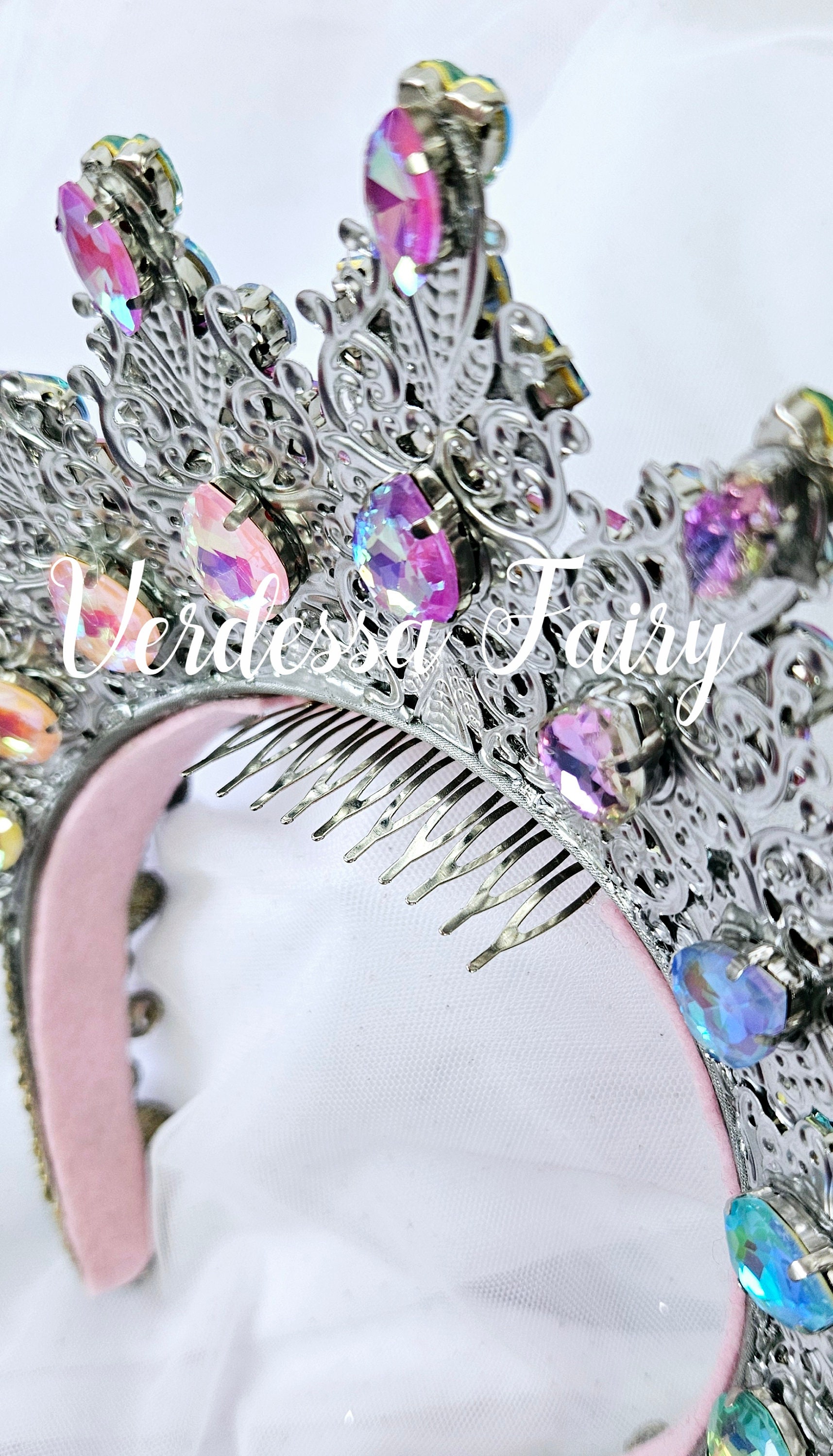 Pastel Rainbow Crown Tiara. Metal Lace Filigree Crown