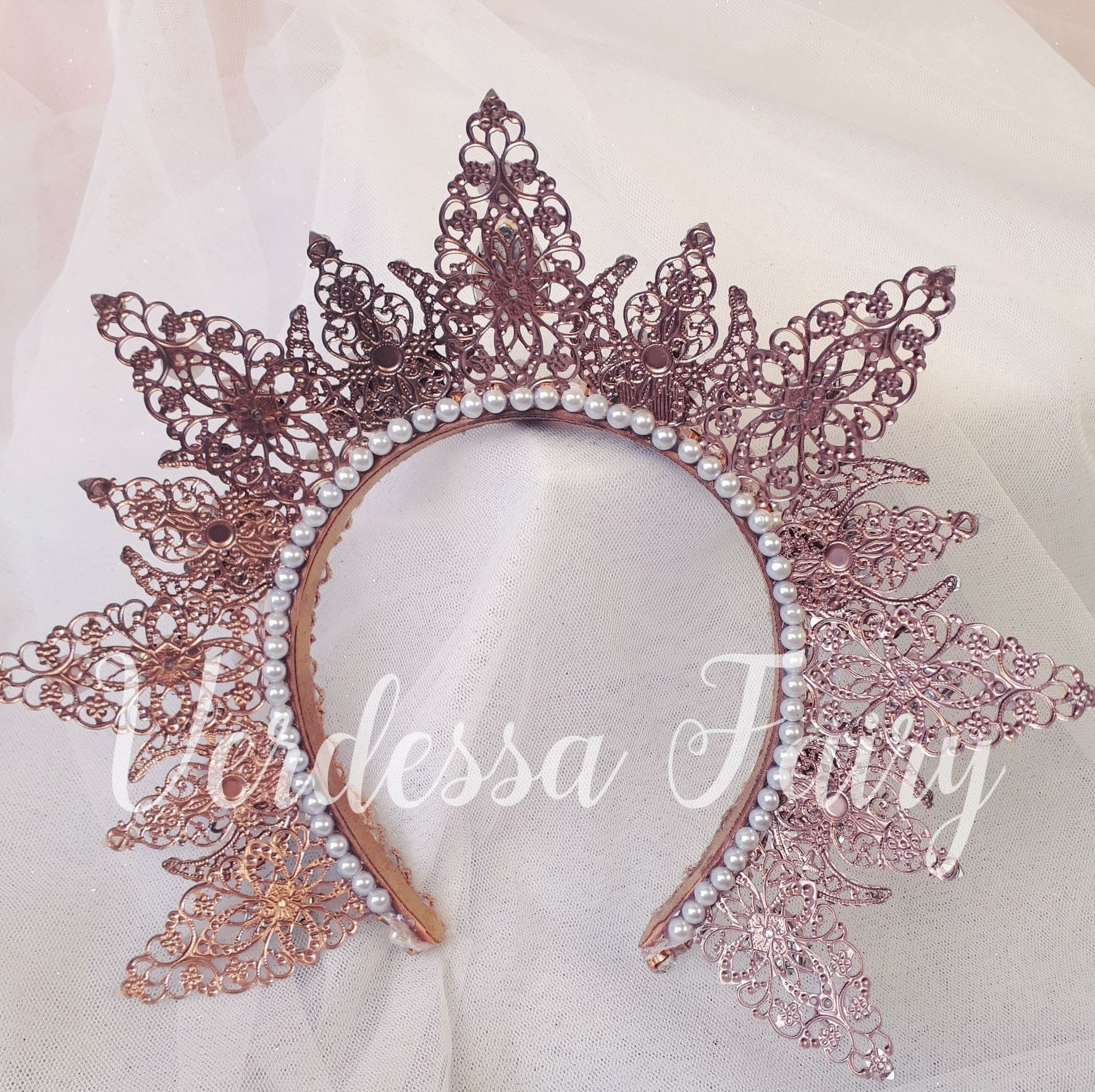 Rose Gold Princess or Queen Bridgerton Inspired Crown With Pearls