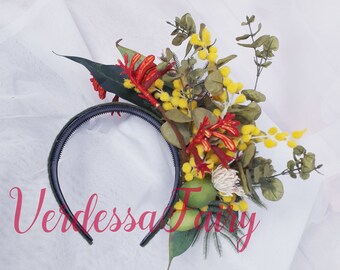 Australian flora headpiece.  Wattle and Kangaroo Paw fascinator.  Australia Day headband.
