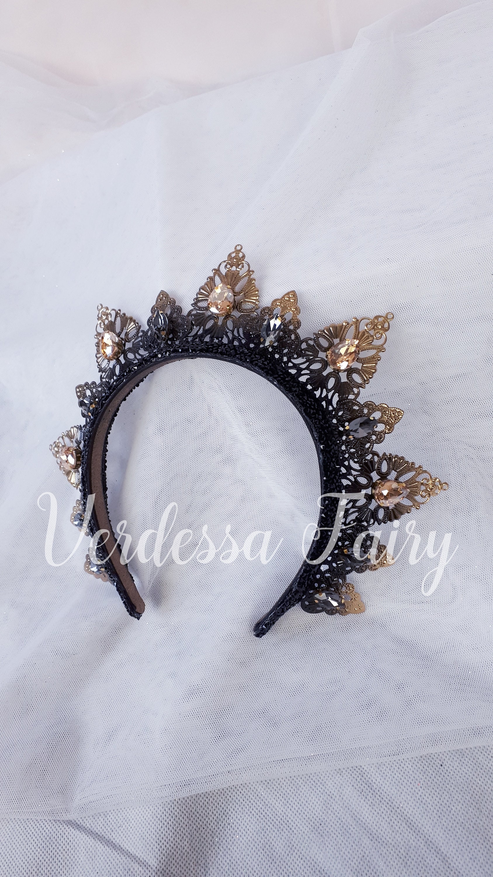 Gold and Black Filigree Crown Tiara. Gold Headband Tiara  display picture 1