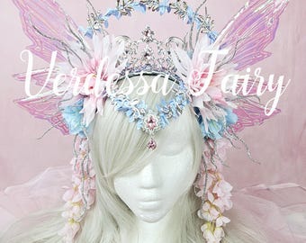 Fairy Queen Wings Headdress: Pink and blue Fairy Crown.