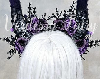 Maleficent Horned Headpiece with Purple Flowers Mistress of Darkness Maleficent Headband, Halloween Headband  main image 2