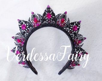 Black and pink crown tiara. Metal lace filigree crown. Gothic Queen Headpiece. Jewel Queen Tiara. Hen's party crown.