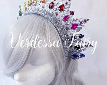 Silver and Bright Rainbow Crown Tiara. Metal Lace Filigree