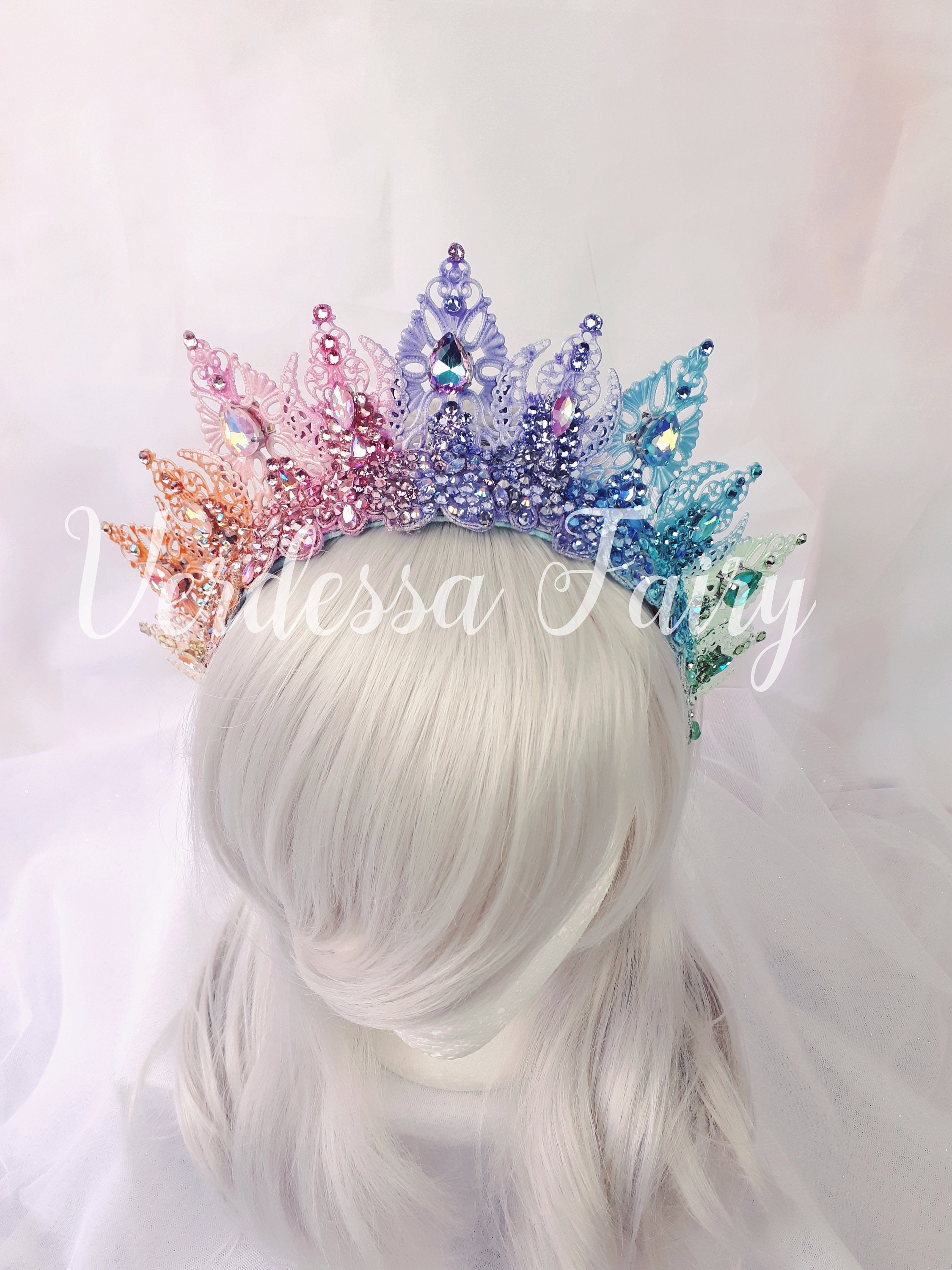 Pastel Rainbow Crown Tiara. Metal Lace Filigree Crown. Rainbow Etsy