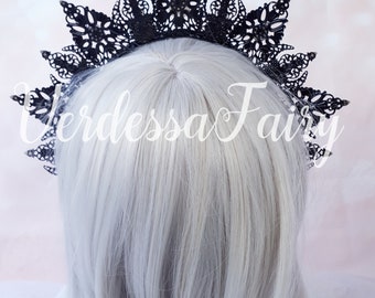 Black and AB Rainbow Crystal Crown Tiara. Metal Lace