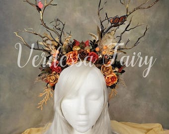 Autumn Mother Earth Headdress: Woodland Fairy Branch Crown, orange, red and brown.