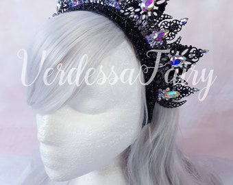 Black and AB Rainbow Crystal Crown Tiara. Metal Lace Filigree