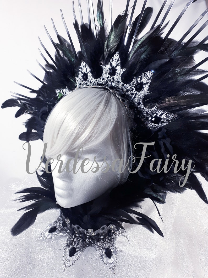 Black spiked halo Gothic Fetish headdress Gothic Raven Queen headdress and feather collar Evil Queen Crow costume.