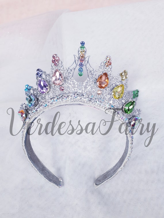 Silver and Rainbow Crown Tiara. Metal Lace Filigree Crown  display picture 1