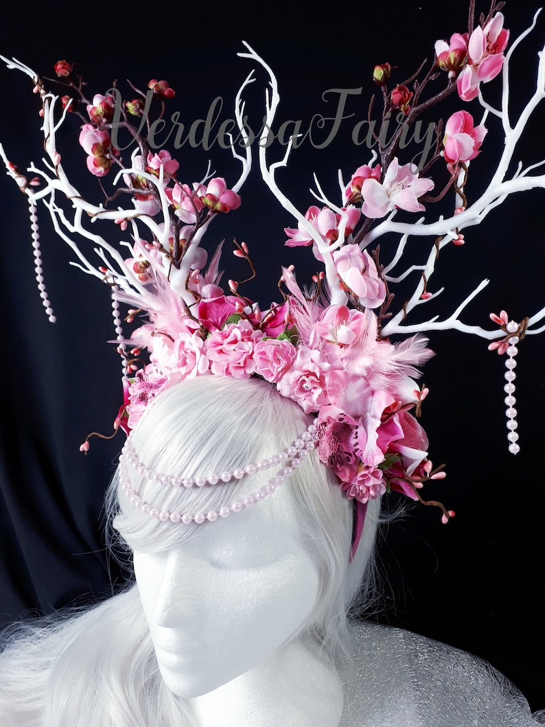 Branch antler headdress blossom headdress. White and pink branch blossom headpiece Pink fairy large flower crown with branches /& blossom