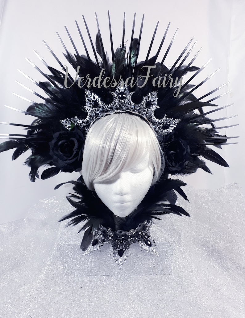 Black spiked halo Gothic Fetish headdress Gothic Raven Queen headdress and feather collar Evil Queen Crow costume.