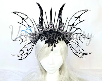 Dark Fairy Queen wings headdress.  Gothic fairy headdress with horns. Realistic fairy wings headdress.