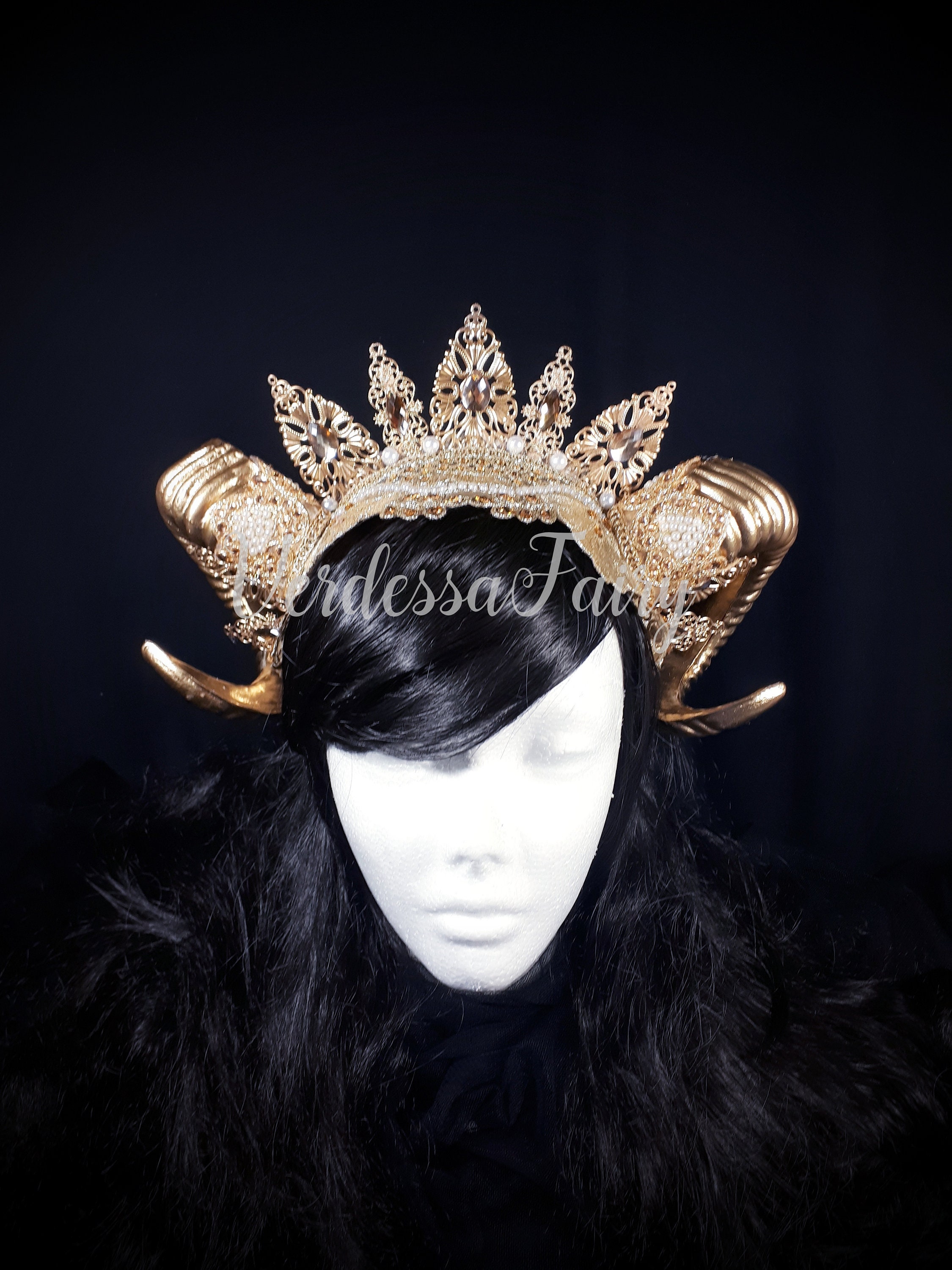 Gold Ram Horns Headpiece: Rhinestone & Pearl Goddess Crown. Aries horns.