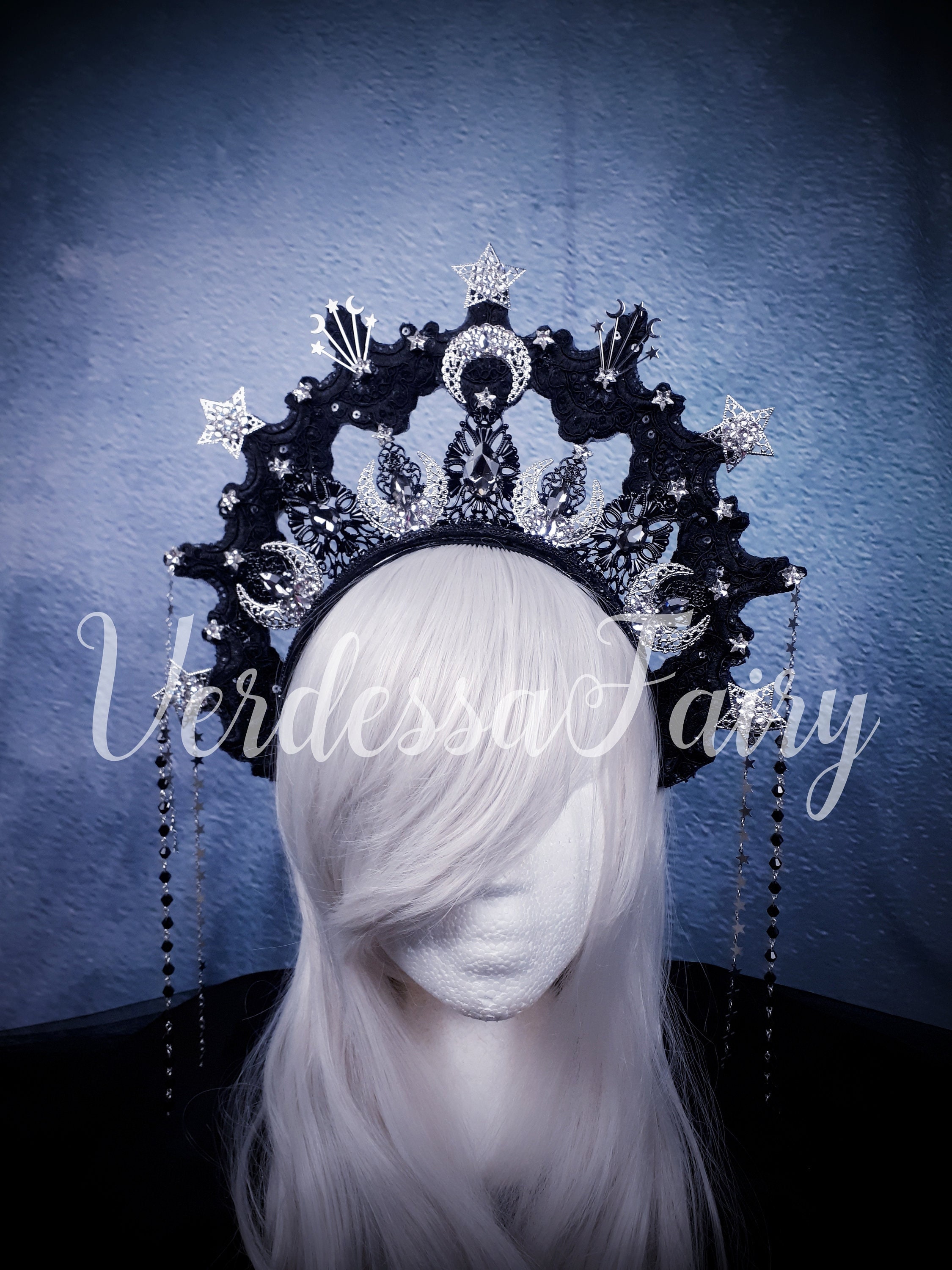 EUC Spell & The Gypsy Silver Dark Side Of The Moon Headpiece Crown Woodland Wedding Moonstone Amethyst Sapphire Tiara in  main image 4