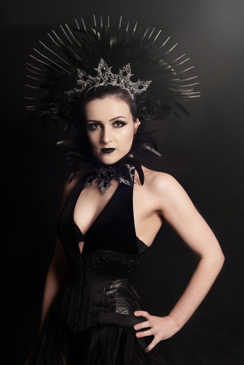 Black spiked halo Gothic Fetish headdress Gothic Raven Queen headdress and feather collar Evil Queen Crow costume.