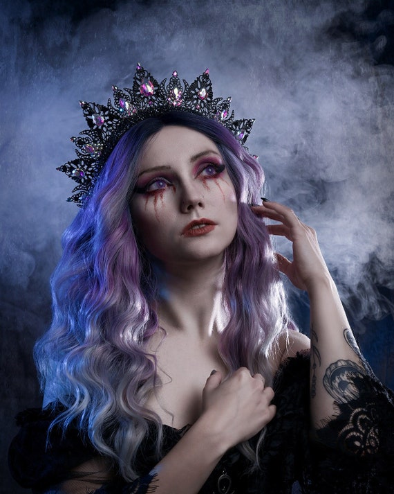 Black and AB Rainbow Crystal Crown Tiara. Metal Lace
