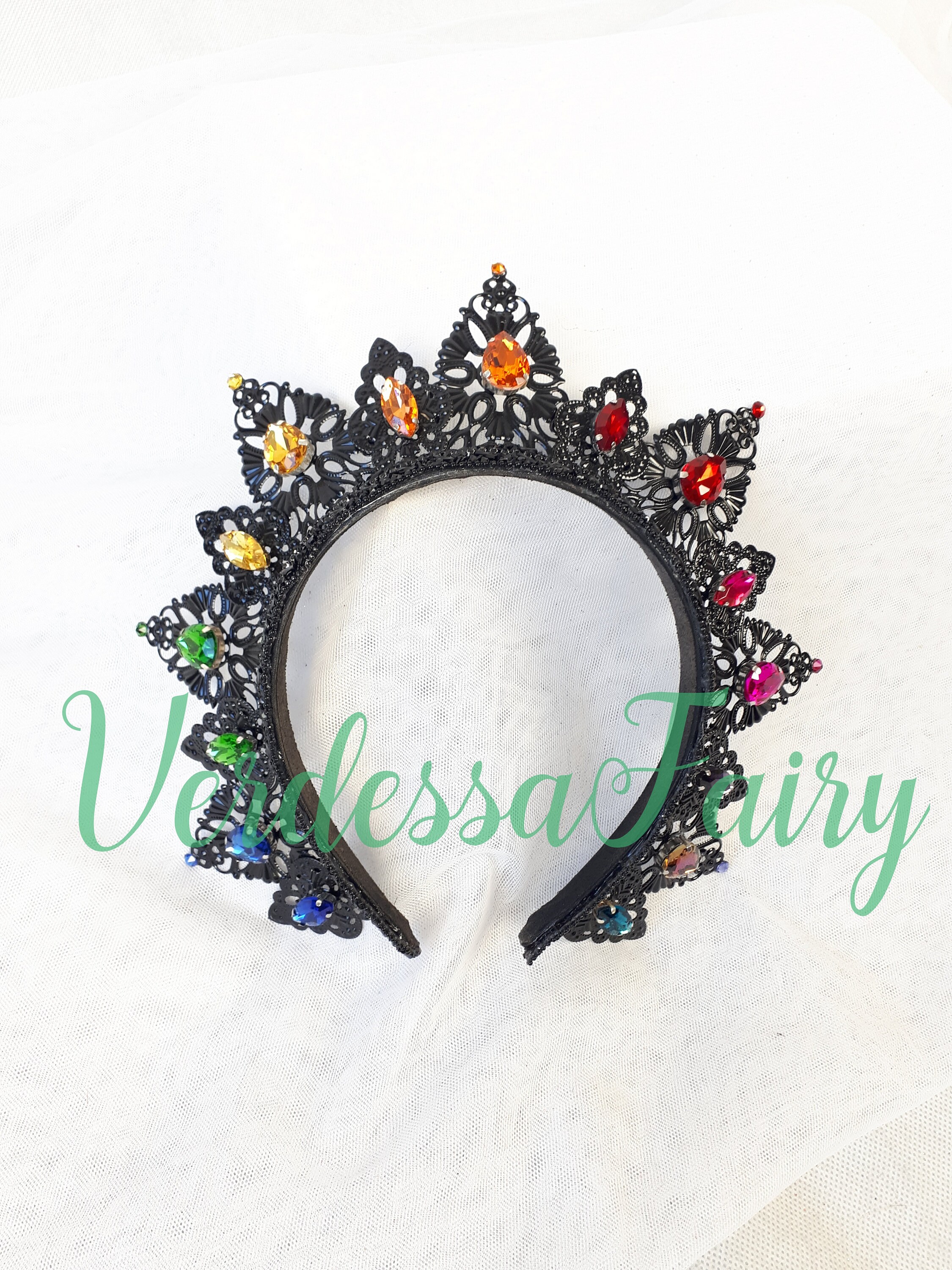 ブラックペイント　Tiara ティアラ Black and Rainbow Crown Tiara. Metal Lace Filigree Crown