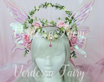 Fairy Queen Wings Headdress: Pink and green Spring Fairy Crown.