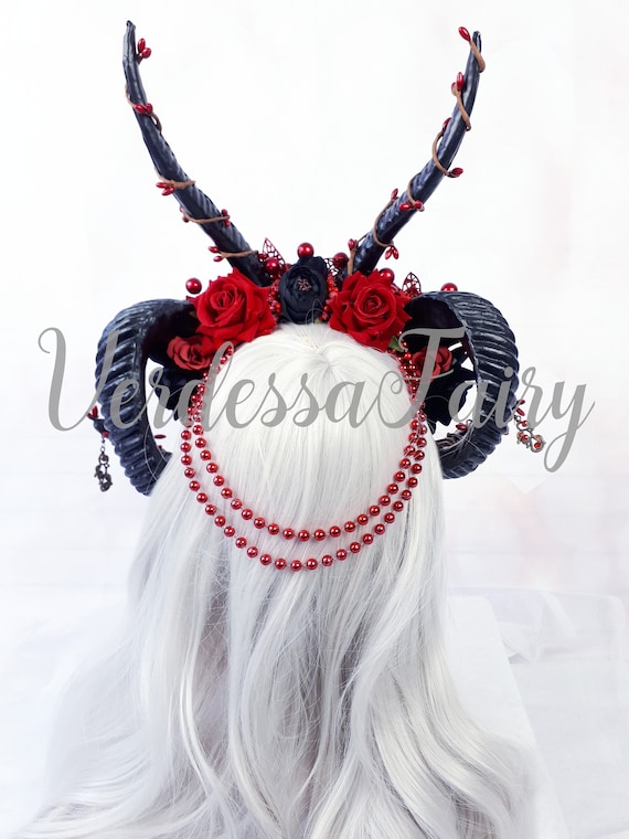 Red Rose Horned Goddess Headdress: Fantasy Devil Headpiece  display picture 1