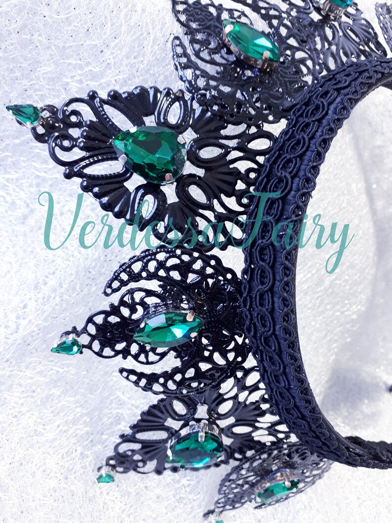 Metal lace filigree crown Jewel Queen Crown with emerald green rhinestones. Gothic Queen Halo Headpiece Black and green crown tiara