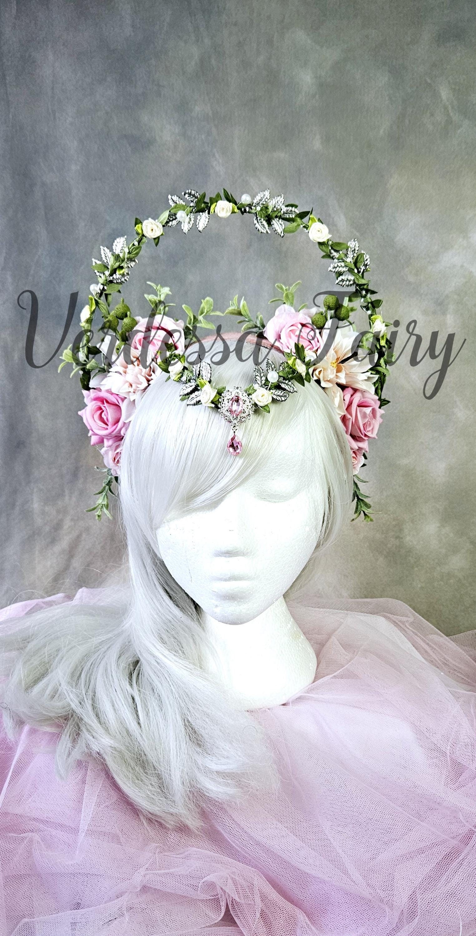 Pink & Green Fairy Flower Halo Headpiece: Spring Fairy Crown 