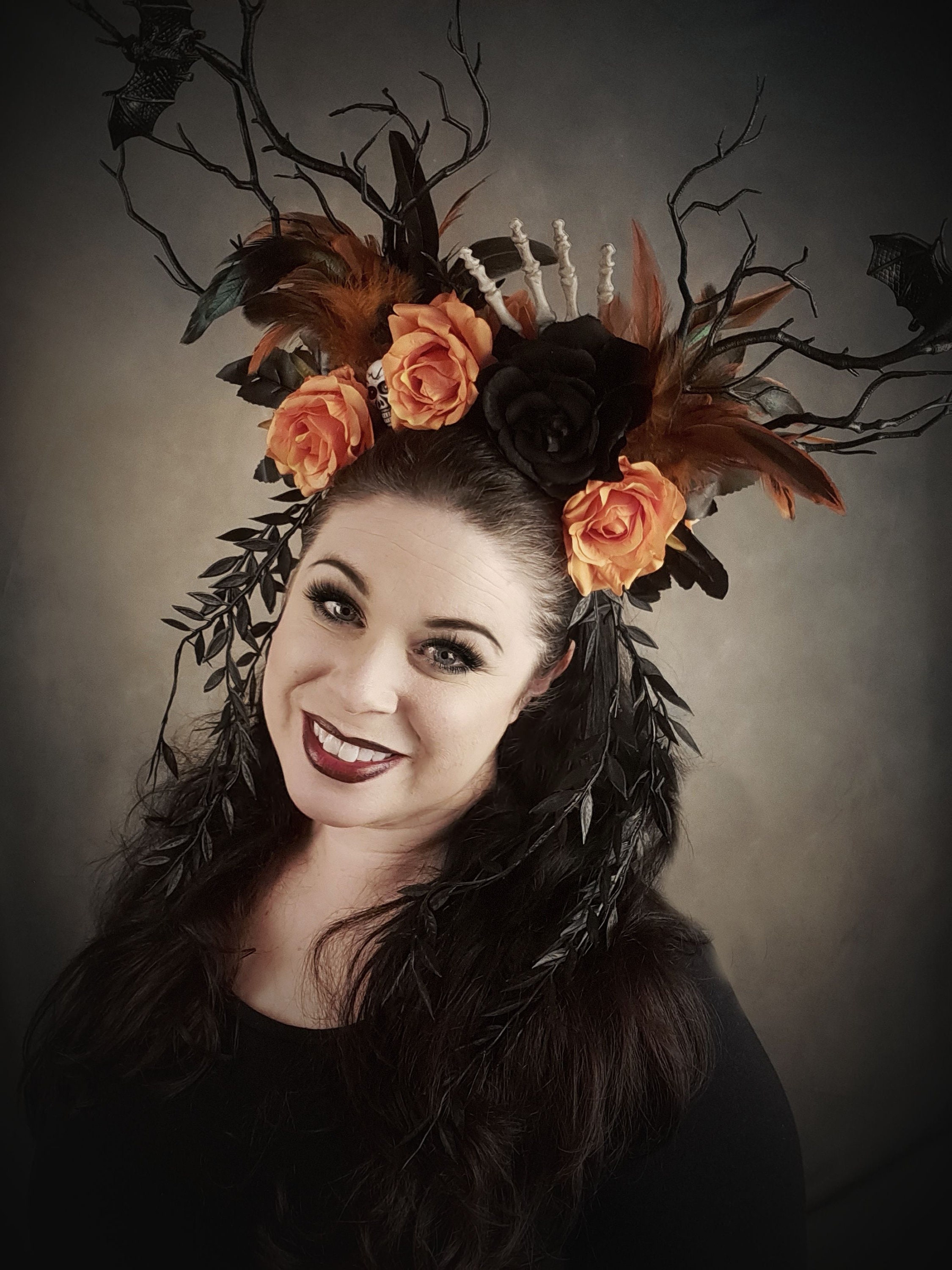 Halloween Witch Floral Headpiece with Burgundy and Purple Accents Rats Eyes Purple Witch Hat with Rose & Spider – Masquerade Store main image 3
