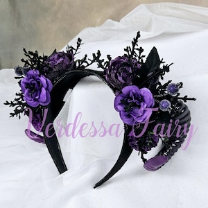 Black and Purple Mini Ram Horns headpiece, Purple Flower crown, Gothic horns crown, Gothic woodland fairy headpiece.