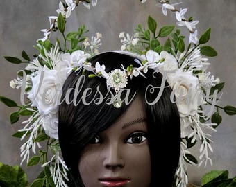 White Rose Spring Goddess Halo Headpiece, Fairy Bride Crown.