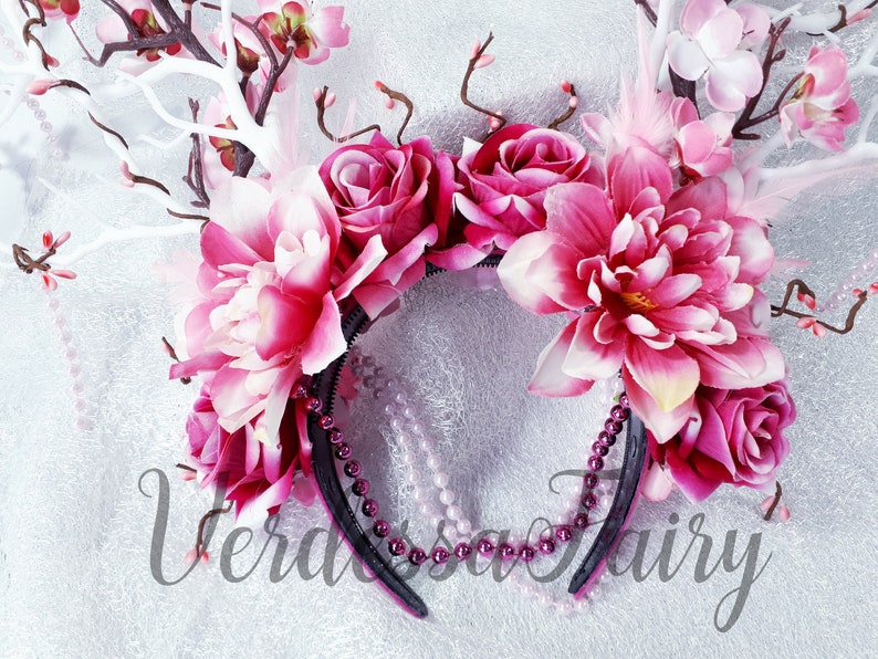 Branch antler headdress blossom headdress. White and pink branch blossom headpiece Pink fairy large flower crown with branches /& blossom