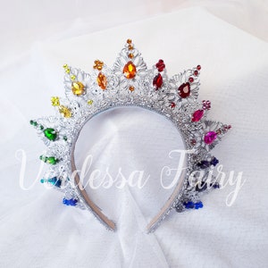Silver and bright rainbow crown tiara. Metal lace filigree crown. Fairy Queen Headpiece. Jewel Queen Tiara. Pride Mardi Gras crown.