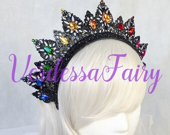 ブラックペイント　Tiara ティアラ Black and Rainbow Crown Tiara. Metal Lace Filigree Crown