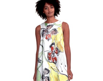 A-Line Dress Summer Floral with bees original artwork in a dress art in fashion made by artist