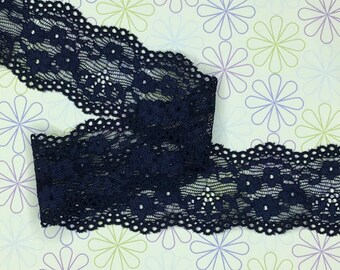 5 METRES Pretty Navy Blue Ditsy Floral Soft Stretch Lace Trim 2”/5cm