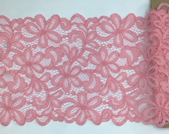 2 METRES Beautiful Deep Pastel Pink Floral Wide Stretch Lace Trim 6.5”/17cm