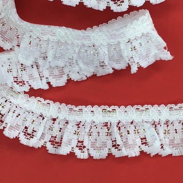 5 METRES Quality White and Iridescent Gathered Nottingham Lace Trim 1.5”/4cm