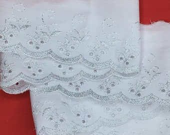 White and Silver Scalloped Broderie Anglaise Lace Trim 3”/7.5cm CHOOSE LENGTH