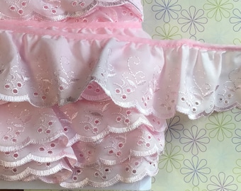 Quality Baby Pink Gathered Broderie Anglaise Lace Trim 2.75”/7cm PER METRE