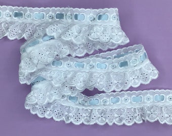 White Gathered Broderie Anglaise with Eyelet Header Pale Blue Satin Ribbon 1.75”/4.5cm PER METRE