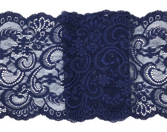 2 METRES Pretty Navy Blue Wide Stretch Lace Trim 6.5”/16.5cm