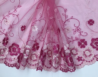 2 METRES Pretty Deep Pink Floral Design Wide Embroidered Tulle Lace Trim 8”/20cm