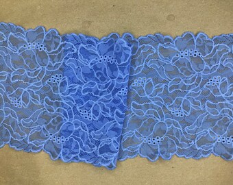 2 METRES Carolina Blue Floral Wide Stretch Lace Trim 6.5”/16.5cm