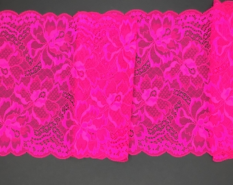 2 METRES Very Bright Pink Floral Wide Stretch Lace Trim 8.25”/21cm