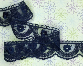 Quality Dark Navy Blue Floral Design Embroidered Tulle Lace Trim 1.75”/4.5cm PER METRE