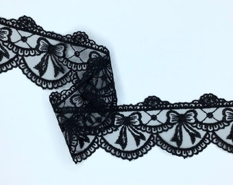 Quality Black Bows Design Embroidered Tulle Lace Trim 2.5”/6.5cm PER METRE