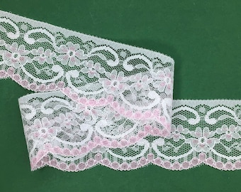 5 METRES Pretty White and Pink Nottingham Lace Trim 2.5”/6cm