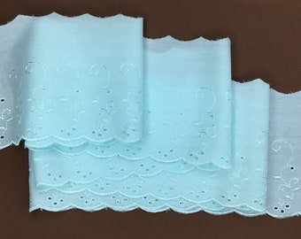 Quality Pale Aqua Green Blue Polycotton Broderie Anglaise Lace Trim 4”/10cm PER METRE