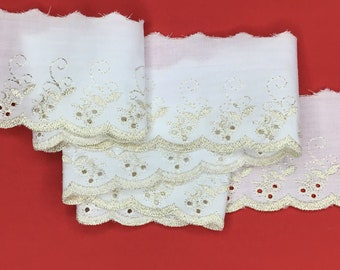 White and Gold Scalloped Broderie Anglaise Lace Trim 3”/7.5cm CHOOSE LENGTH