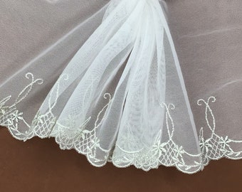 3 METRES Very Pale Ivory with Silver Grey Embroidered Tulle Lace Trim 6.25”/16cm